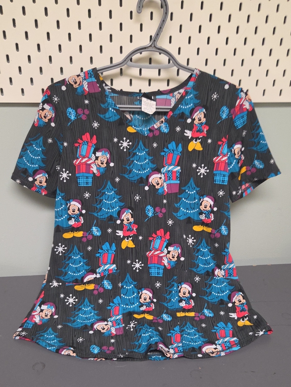 Disney Black Holiday Pajama Top with Blue Trees and Colorful Character Prints